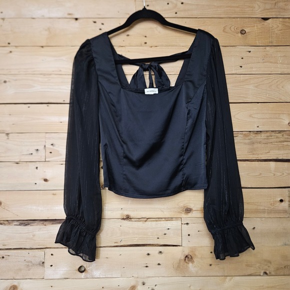 eesome Tops - ee:some Black Sheer Balloon Sleeve Smocked Tie Back Crop Top M